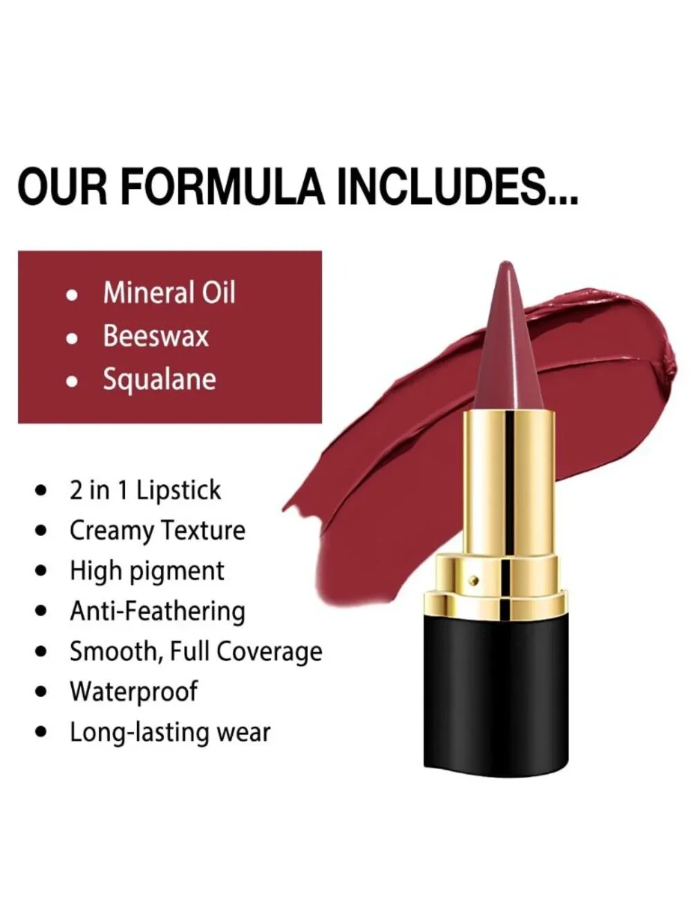 Women 1Pcs-G03# Dark Red Shimmery Metallic Cone-Tip Glitter Lipstick & Lip Liner